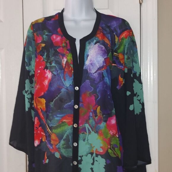 Soft Surroundings sheer gorgeous floral garden button down tunic shirt Sz 1X - Picture 3 of 5